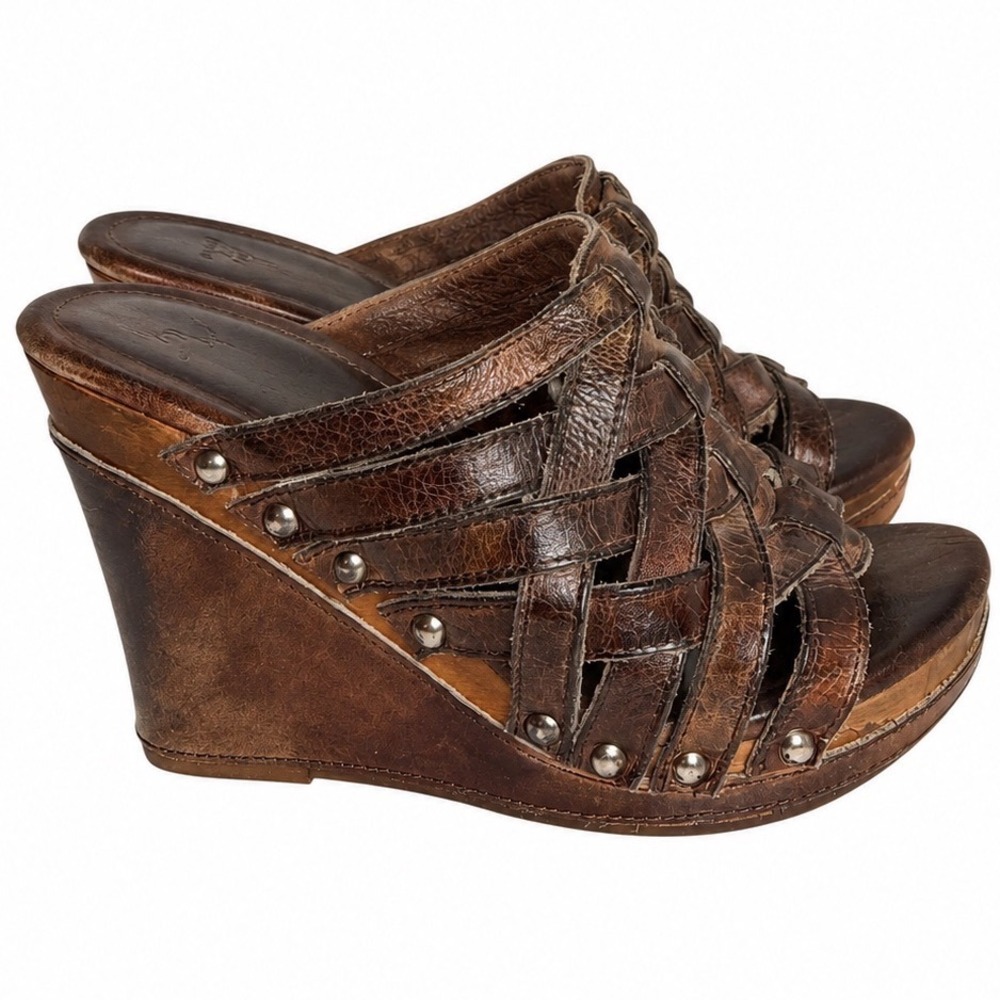 BED STU Gina Leather Platform Wedge Sandals Brown 7
